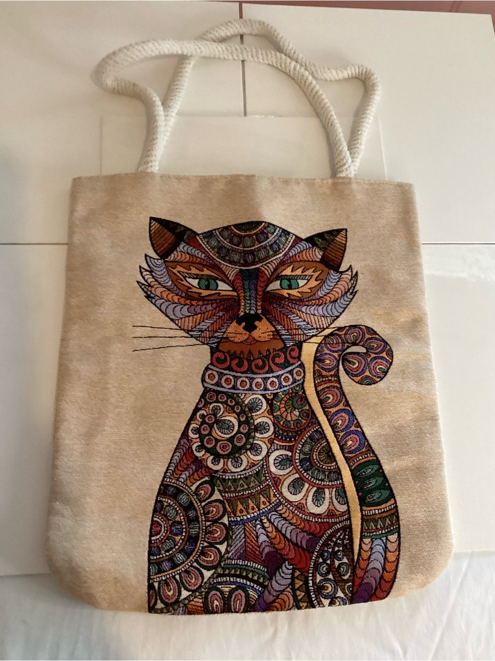Gobelin Tapestry Boho Fabric Cat Style Ethnic Turkish Shoulder Medium Tote Bag,